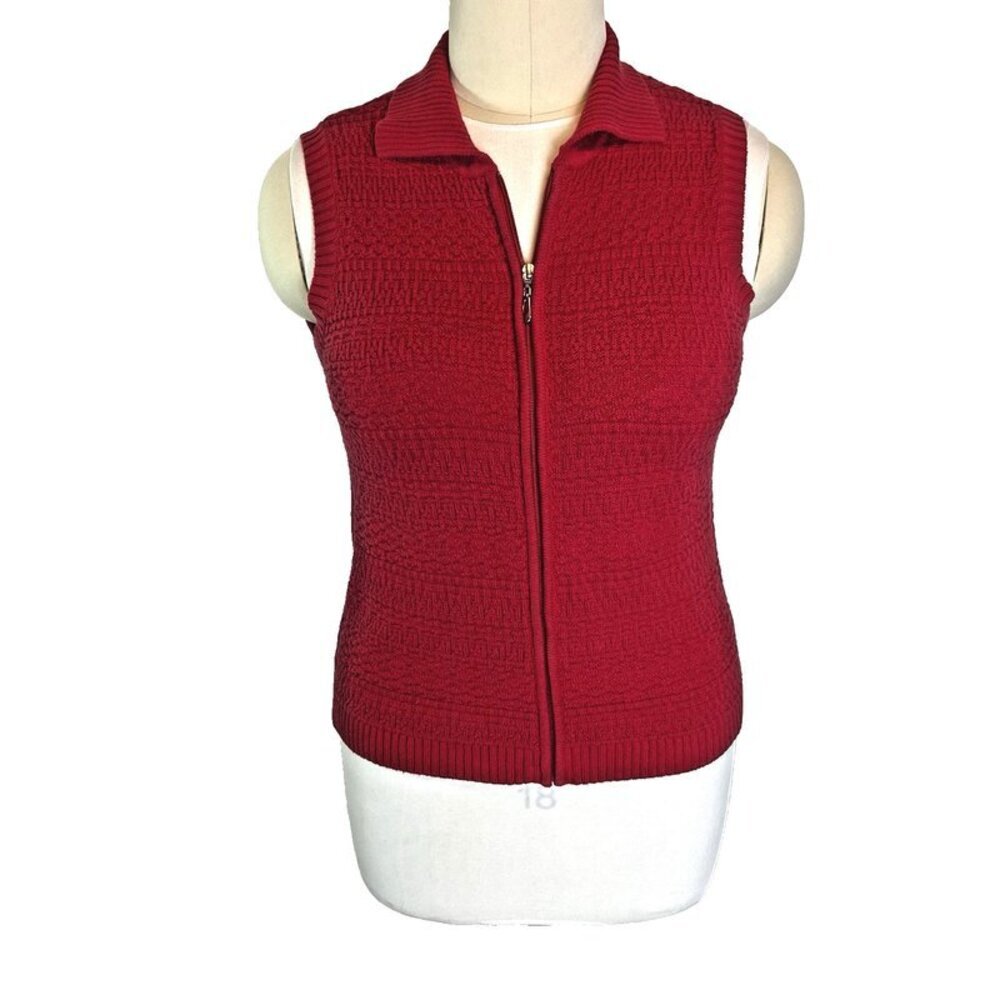 Christopher & Banks L Women's Red Sweater Vest Waffle Knit Zip Up